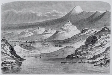 Ansicht von New Plymouth und Mount Egmont, Illustration aus The Return to the World, 1865